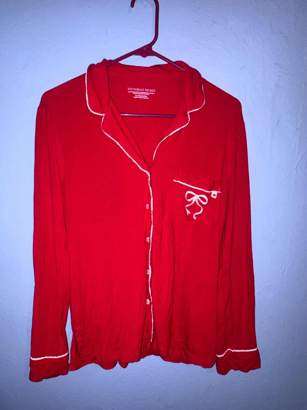 Victoria's Secret Red Button-Up Pajama Top with White Trim Bow